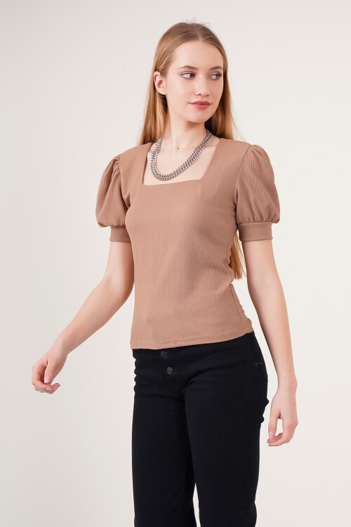 Merterium 0409 Kare Yaka Örme Bluz - B.Kahverengi