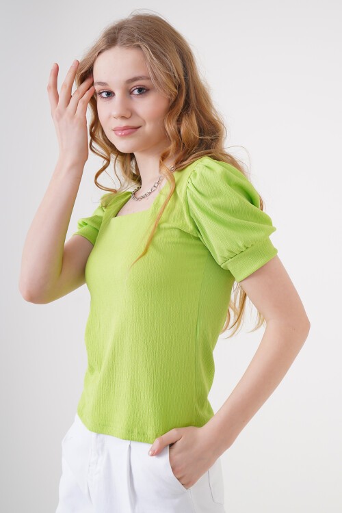 Merterium 0409 Kare Yaka Örme Bluz - E.Yeşil