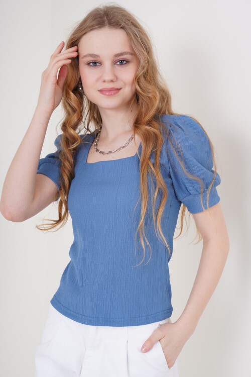 Merterium 0409 Kare Yaka Örme Bluz - İndigo