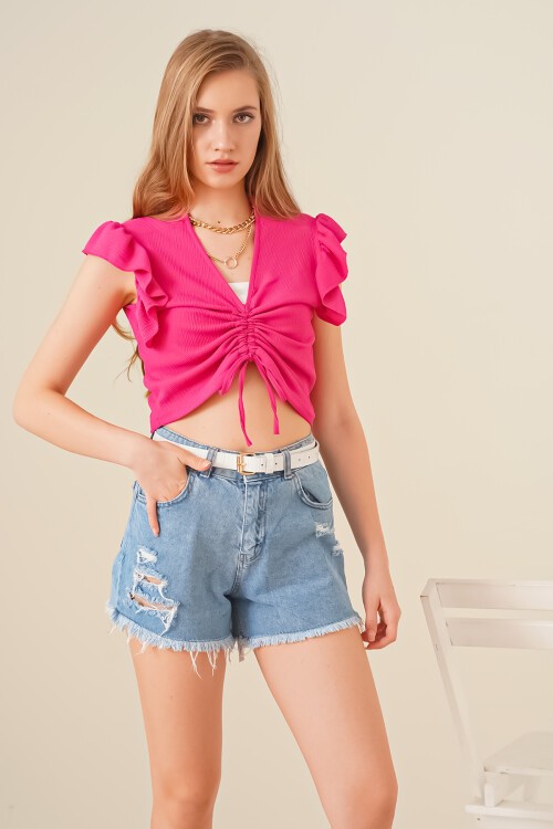 Merterium 0423 Crop Örme Bluz - Fuşya