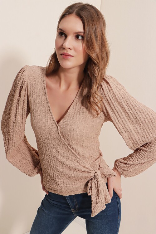 Merterium 0441 Anvelop Örme Bluz - Bej