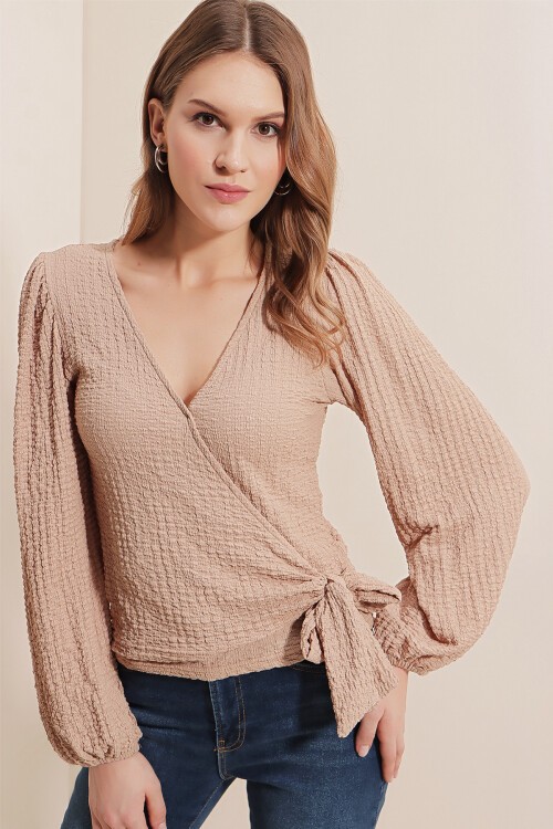 Merterium 0441 Anvelop Örme Bluz - Bej