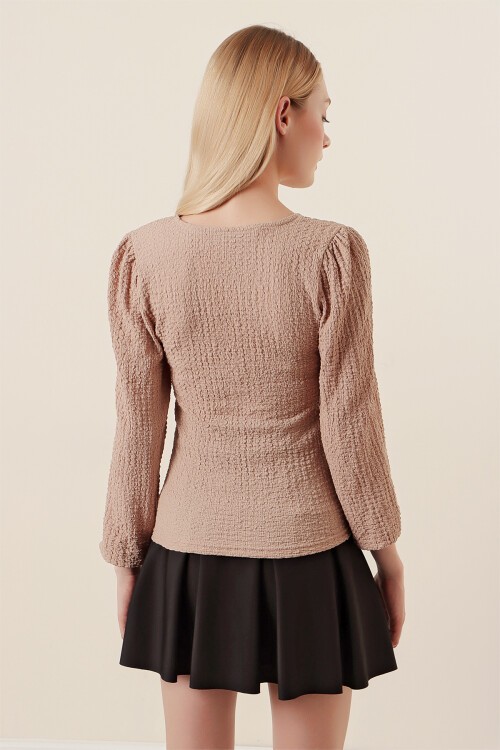 Merterium 0442 Uzun Kollu Bluz - Bej