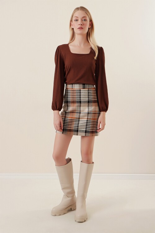 Merterium 0442 Uzun Kollu Bluz - Kahverengi