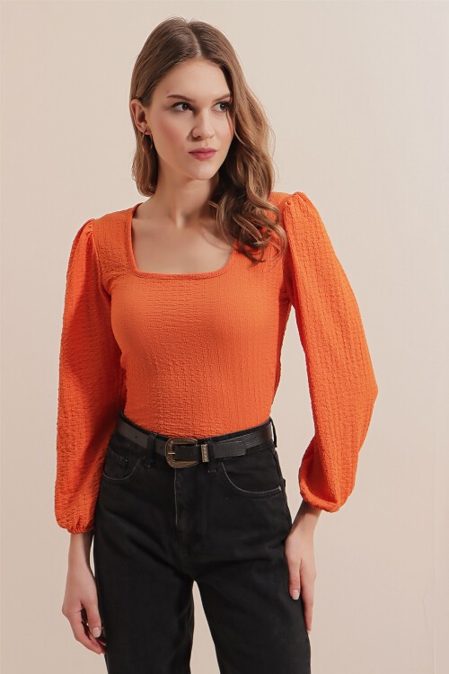 Merterium 0442 Uzun Kollu Bluz - Turuncu