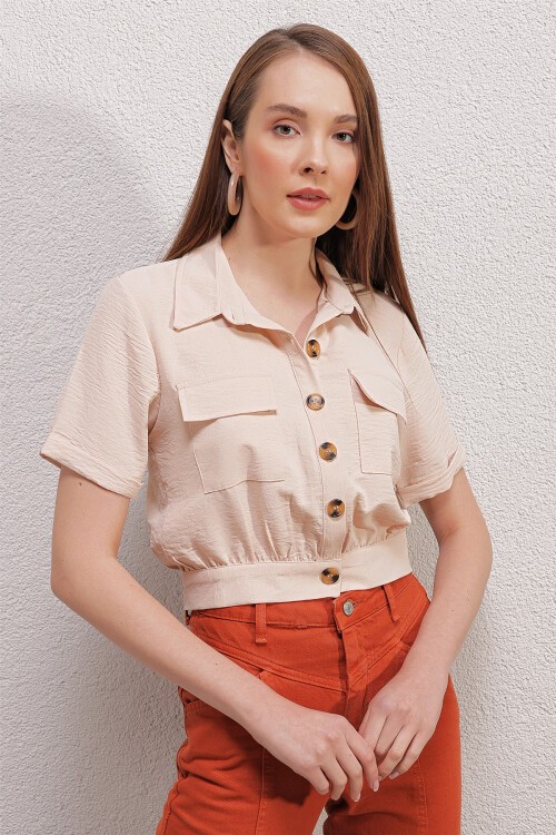 Merterium 0663 Crop Ceket - Krem