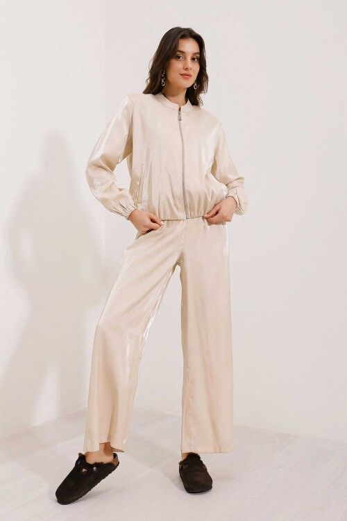 Merterium 0696 Parlak Kumaş İkili Takım - Krem