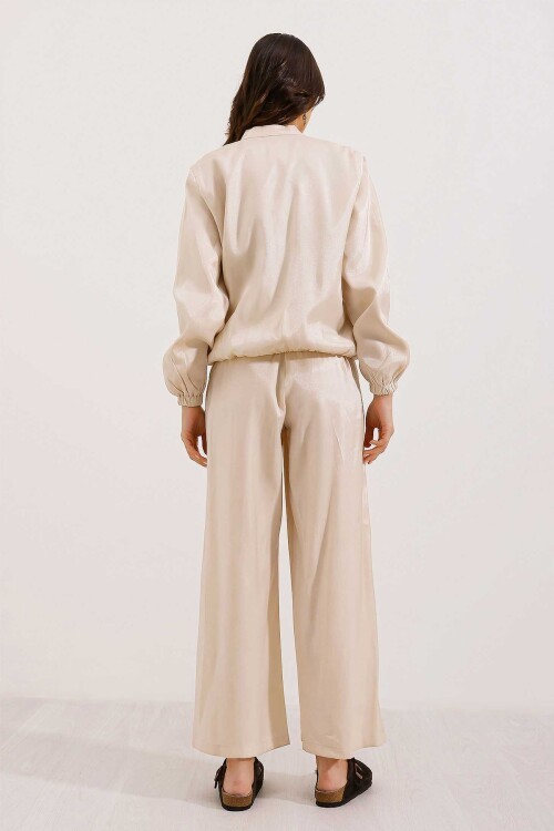 Merterium 0696 Parlak Kumaş İkili Takım - Krem