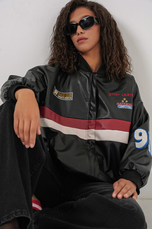 Merterium 0698 Baskılı Suni Deri Bomber Ceket - Siyah