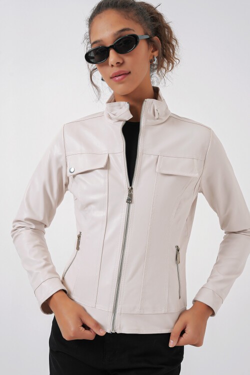 Merterium 1024 Dik Yaka Deri Mont - Ekru