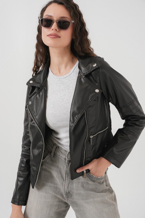 Merterium 1025 Suni Deri Biker Ceket - Siyah
