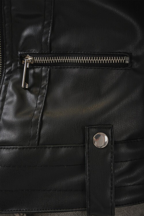 Merterium 1025 Suni Deri Biker Ceket - Siyah