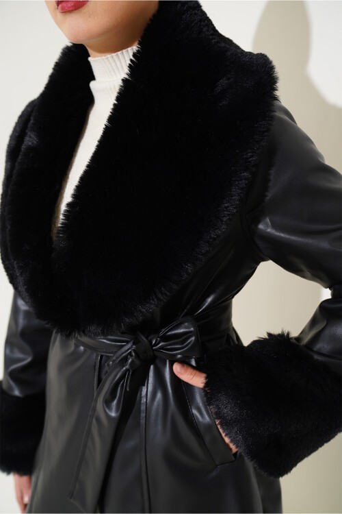 Merterium 1026 Yaka Kürklü Kemerli Suni Deri Mont