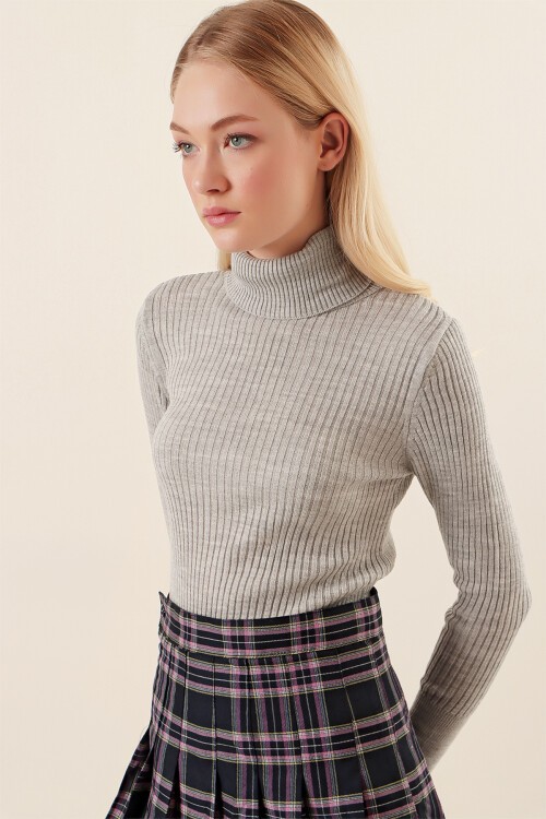 Merterium 10311 Balıkçı Yaka Triko Kazak - Gri