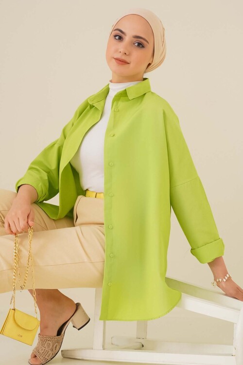 Merterium 103901 Oversize Basic Tesettür Gömlek - G.Yeşil