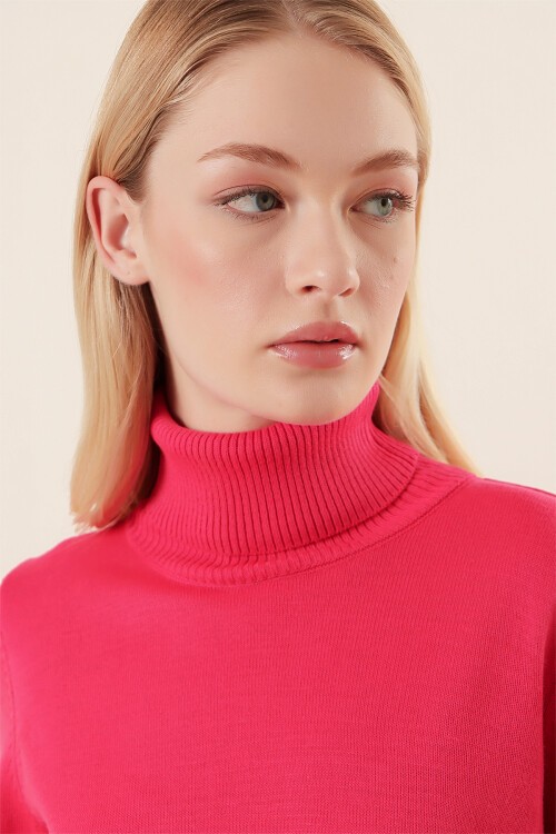 Merterium 15747 Balıkçı Yaka Triko Kazak - Fuşya