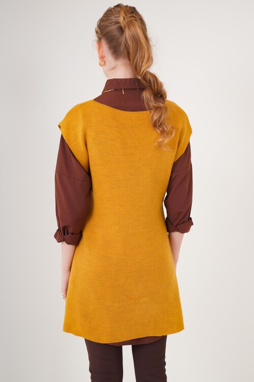 Merterium 15760 Kuşaklı Triko Süveter - Hardal