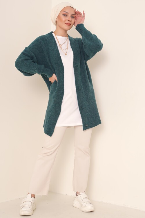 Merterium 15768 Tesettür Triko Hırka - Su Yeşili