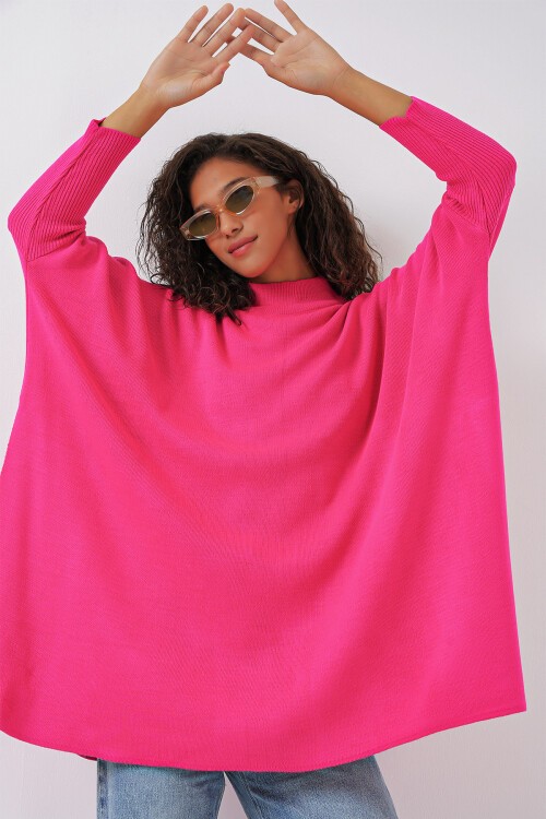 Merterium 15783 Yırtmaçlı Panço Kazak - Fuşya