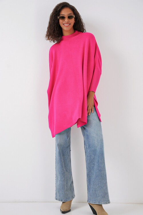 Merterium 15783 Yırtmaçlı Panço Kazak - Fuşya