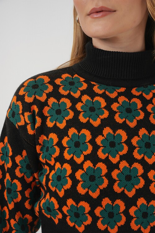 Merterium 15801 Boğazlı Desenli Crop Kazak - Oranje