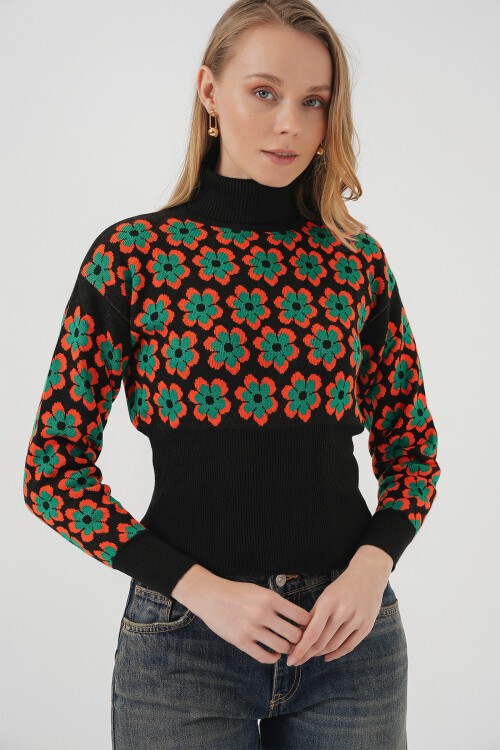 Merterium 15801 Boğazlı Desenli Crop Kazak - Turuncu