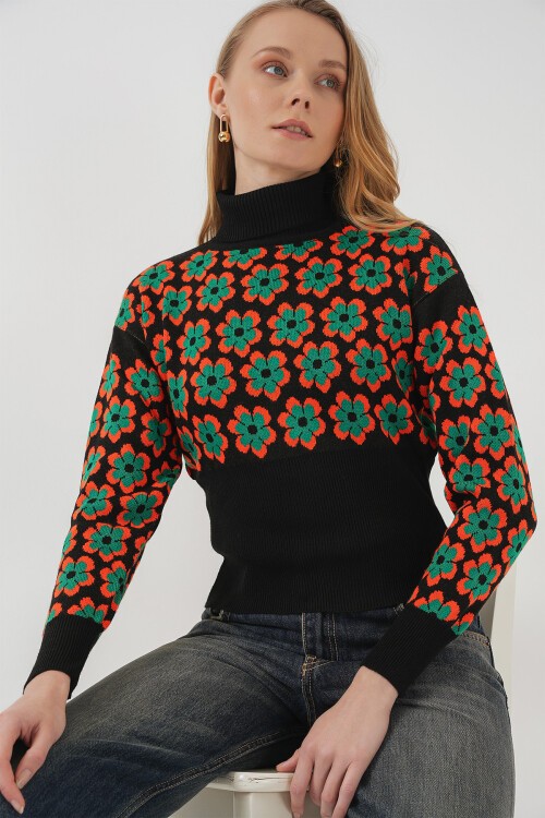 Merterium 15801 Boğazlı Desenli Crop Kazak - Turuncu