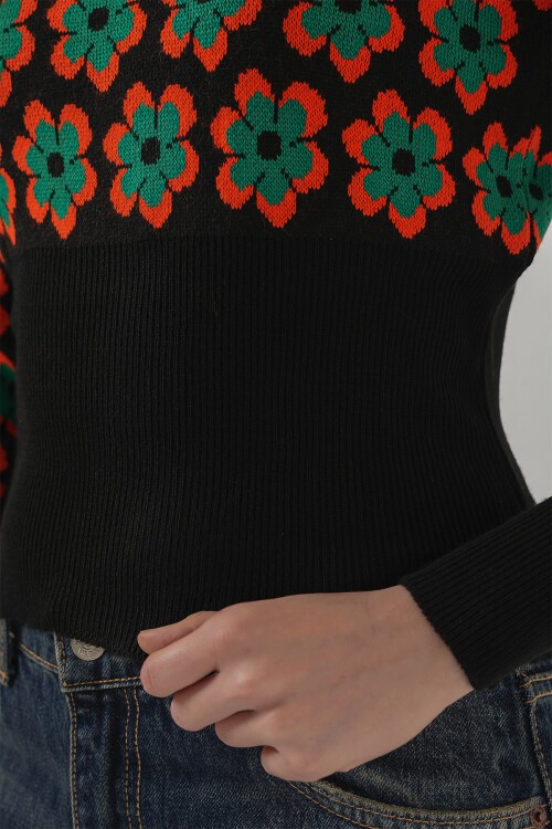 Merterium 15801 Boğazlı Desenli Crop Kazak - Turuncu