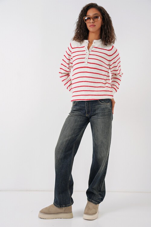 Merterium 15808 Düğmeli Kazak - Bordo