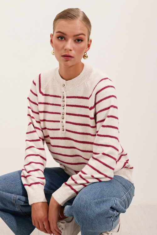 Merterium 15808 Düğmeli Kazak - C. Fuşya