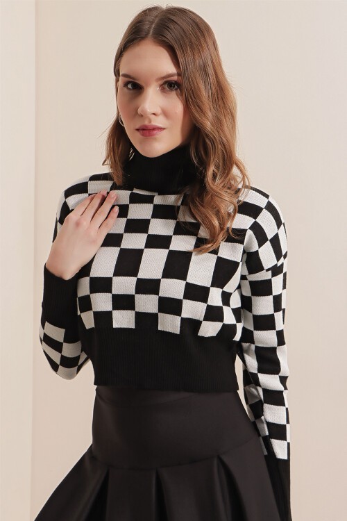 Merterium 15810 Kare Balıkçı Yaka Crop Kazak - Siyah