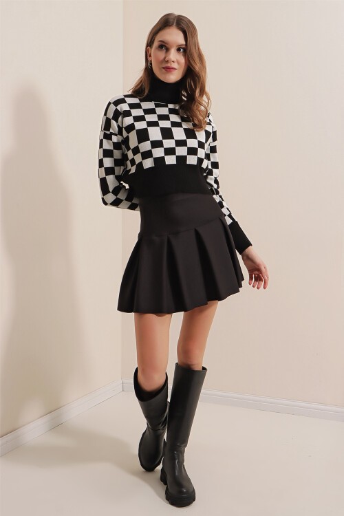 Merterium 15810 Kare Balıkçı Yaka Crop Kazak - Siyah