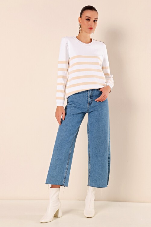 Merterium 15820 Düğme Detay Çizgili Kazak - C. Bej