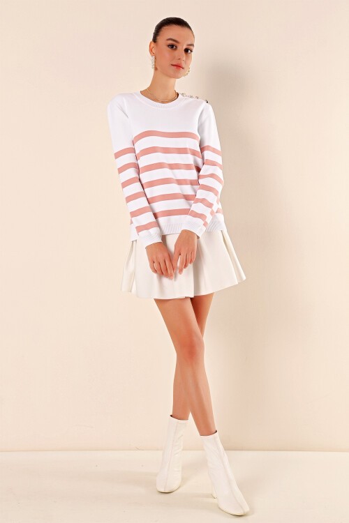 Merterium 15820 Düğme Detay Çizgili Kazak - C. Pudra