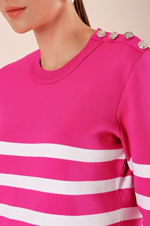 Merterium 15820 Düğme Detay Çizgili Kazak - Fuşya