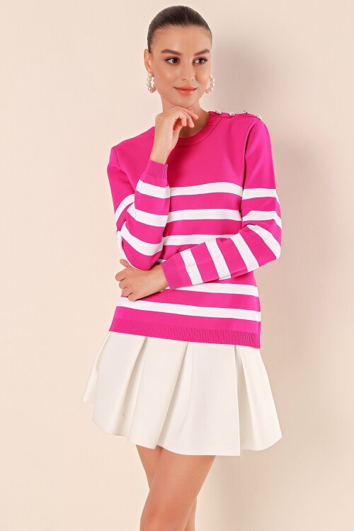 Merterium 15820 Düğme Detay Çizgili Kazak - Fuşya