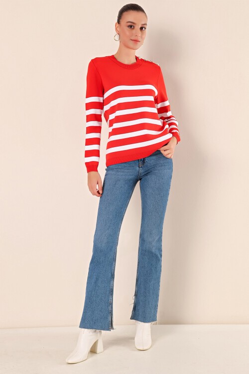 Merterium 15820 Düğme Detay Çizgili Kazak - Kırmızı