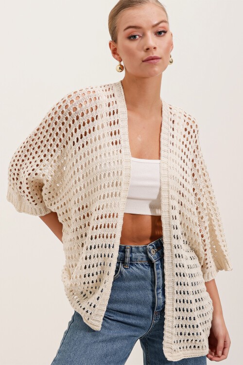 Merterium 15855 Ajurlu/Delikli Oversize Hırka - Taş