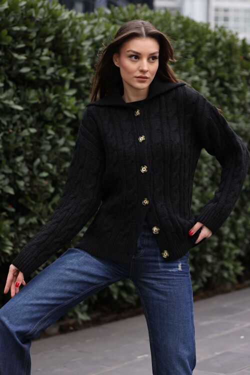 Merterium 15856 Saç Örgülü Hırka - Siyah