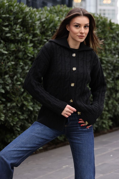 Merterium 15856 Saç Örgülü Hırka - Siyah