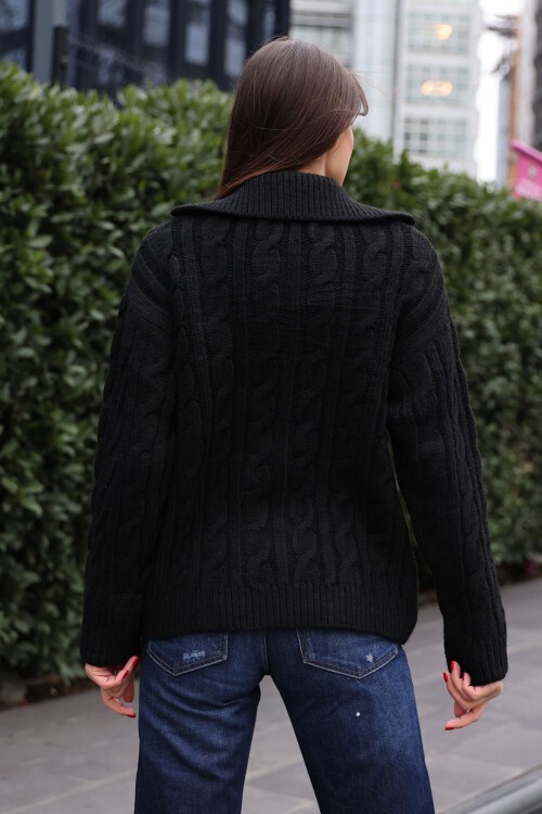 Merterium 15856 Saç Örgülü Hırka - Siyah