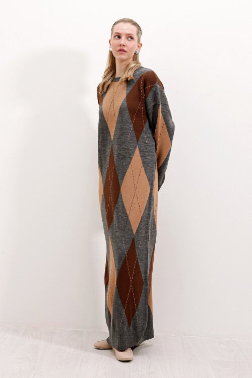 Merterium 15861 Uzun Triko Elbise - Gri