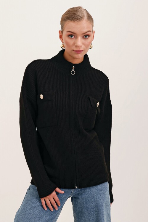 Merterium 15862 Cep Detaylı Fermuarlı Triko Hırka - Siyah