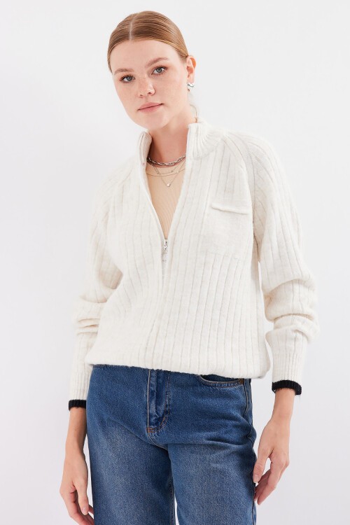 Merterium 15863 Fermuarlı Triko Hırka - Ekru