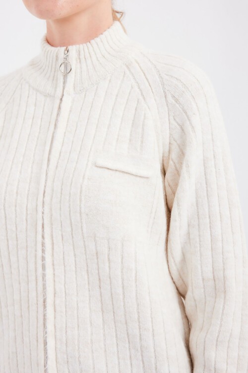 Merterium 15863 Fermuarlı Triko Hırka - Ekru