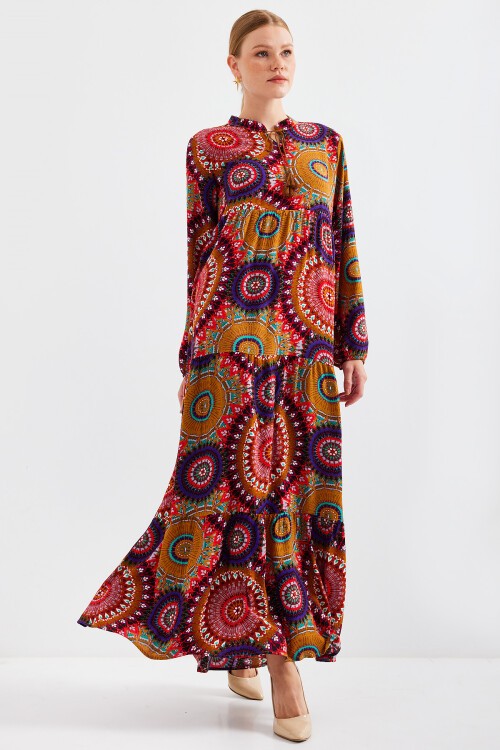 Merterium 1627 Yaka Bağcıklı Tesettür Elbise - A.Hardal