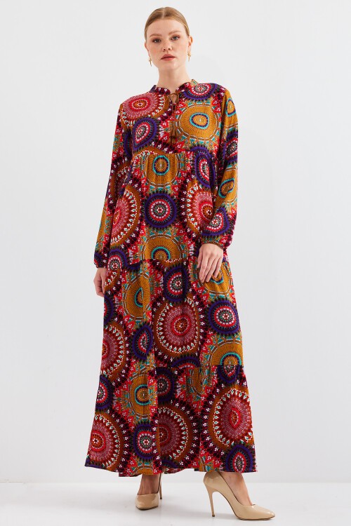 Merterium 1627 Yaka Bağcıklı Tesettür Elbise - A.Hardal