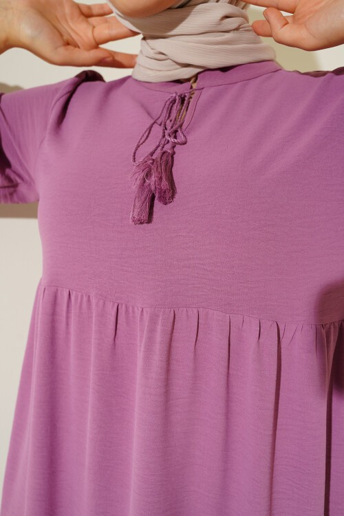 Merterium 1627 Yaka Bağcıklı Tesettür Elbise - D. Fuşya