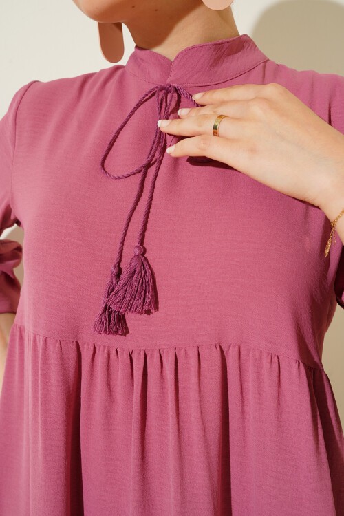 Merterium 1627 Yaka Bağcıklı Tesettür Elbise - Gül Kurusu