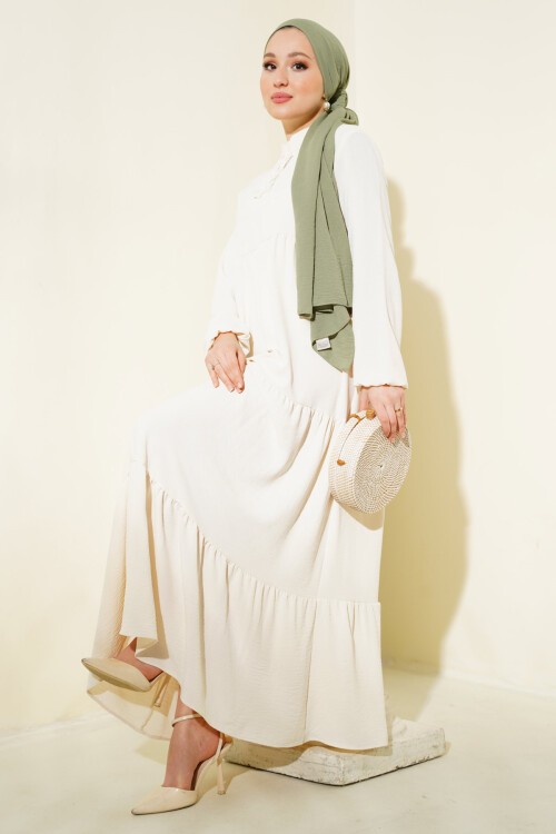 Merterium 1627 Yaka Bağcıklı Tesettür Elbise - Krem